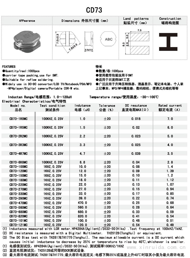 芯瑞達電子,CD73電感,貼片電感,功率電感,繞線電感