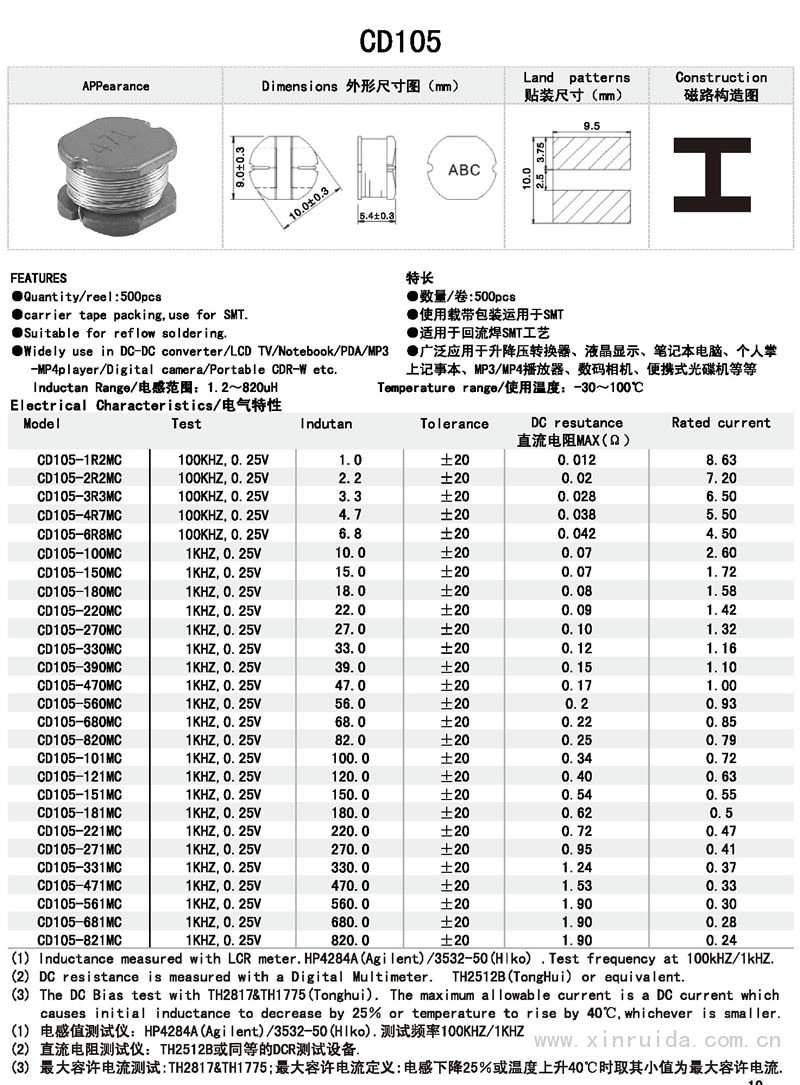 芯瑞達電子,CD105電感,貼片電感,功率電感,繞線電感