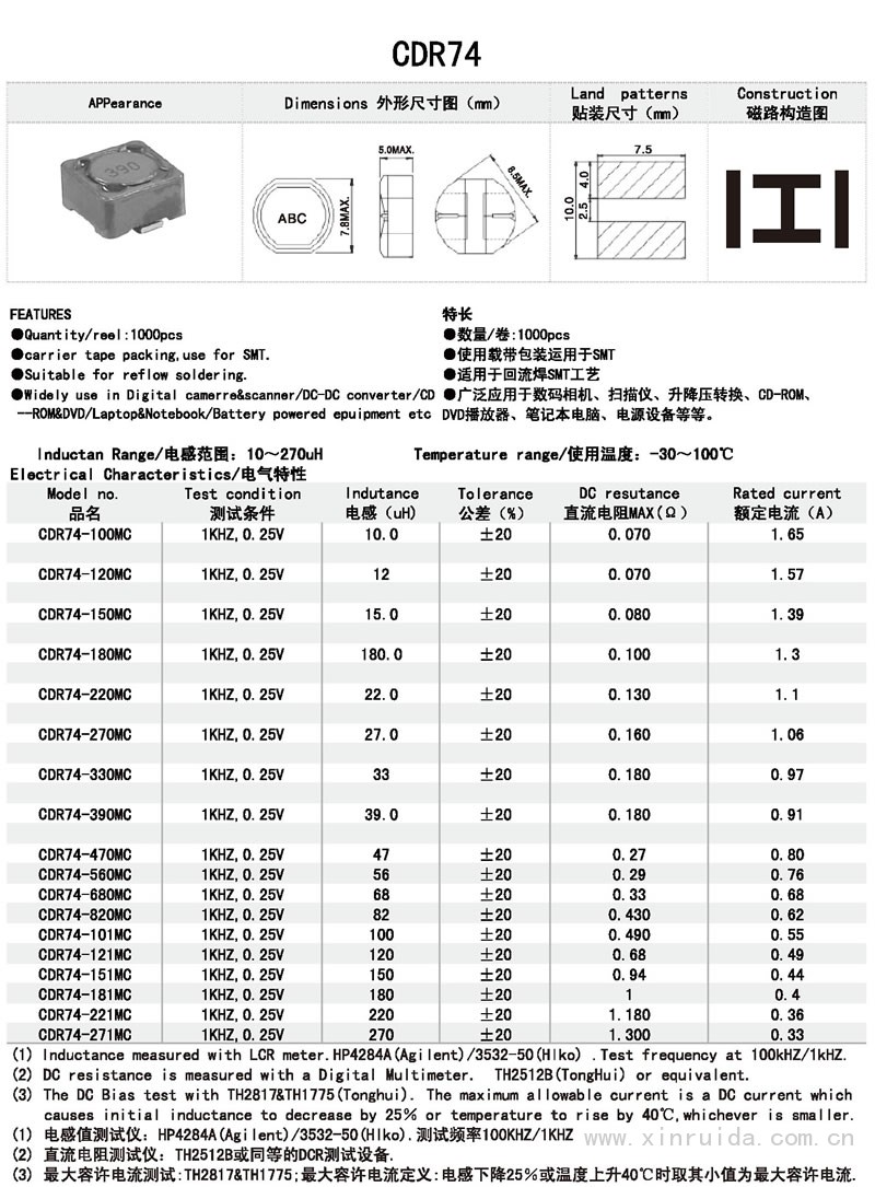 芯瑞達電子,CDR74電感,貼片電感,功率電感,繞線電感