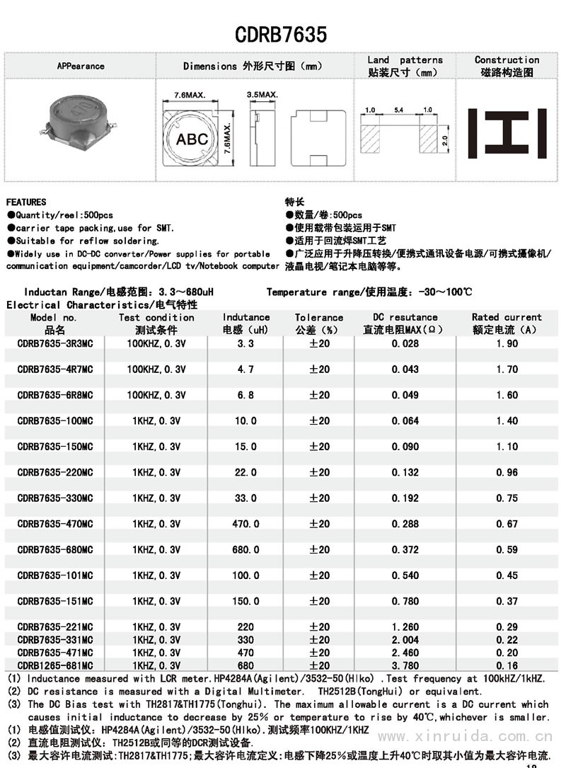 芯瑞達電子,CDRB7635電感,貼片電感,功率電感,繞線電感