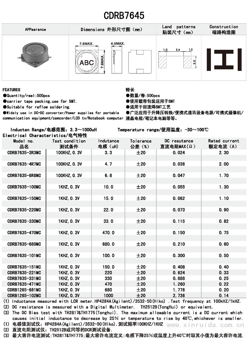 芯瑞達電子,CDRB7645電感,貼片電感,功率電感,繞線電感