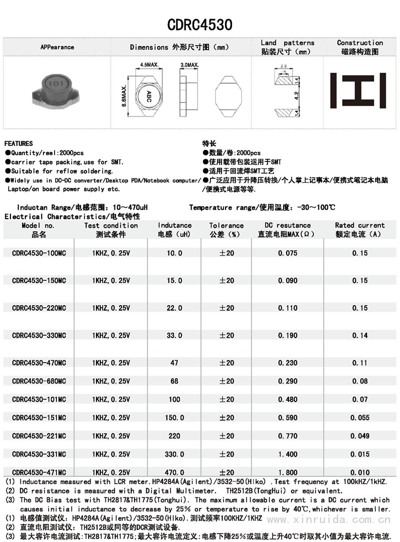 芯瑞達電子,CDRC4530電感,貼片電感,功率電感,繞線電感