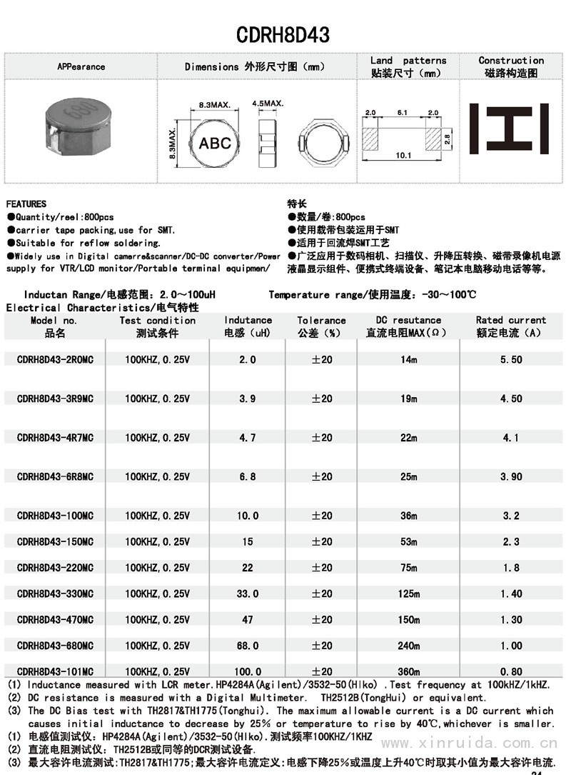 芯瑞達電子,CDRH8D43電感,貼片電感,功率電感,繞線電感