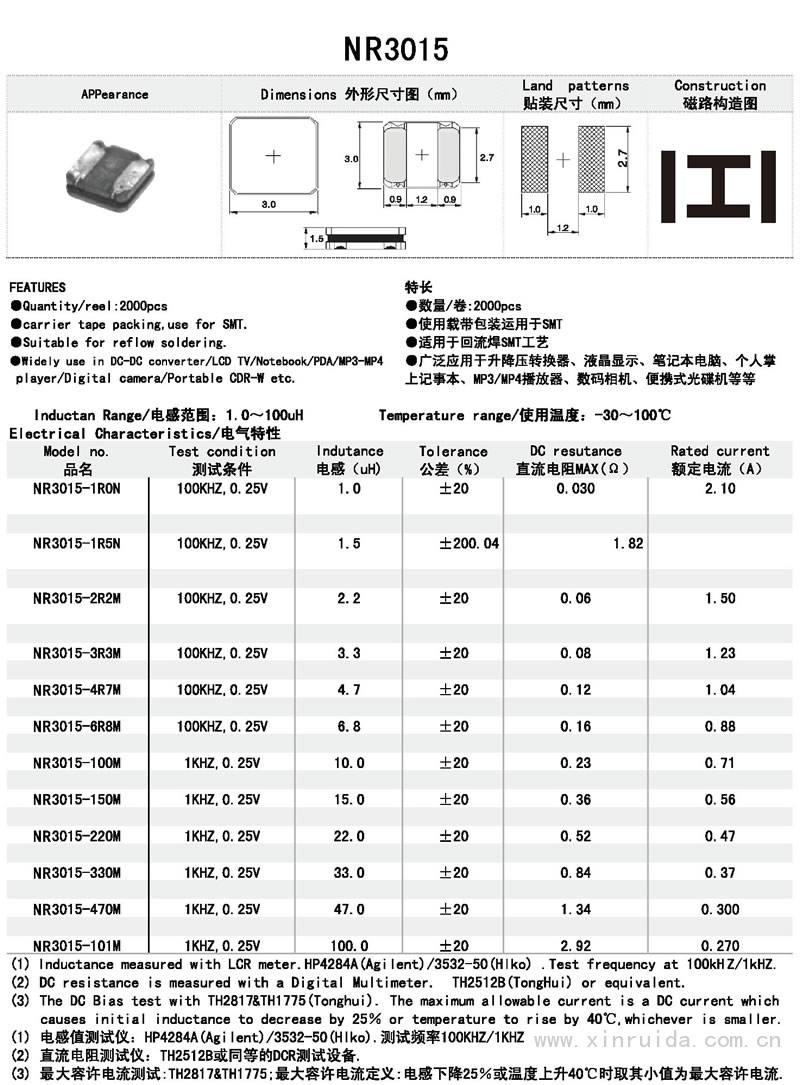 芯瑞達(dá)電子,NR3015電感,貼片電感,功率電感,繞線電感