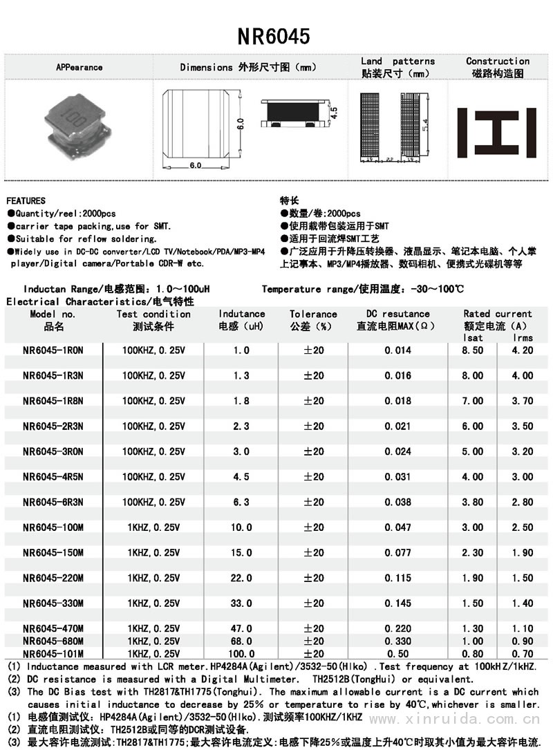 芯瑞達電子,NR6045電感,貼片電感,功率電感,繞線電感