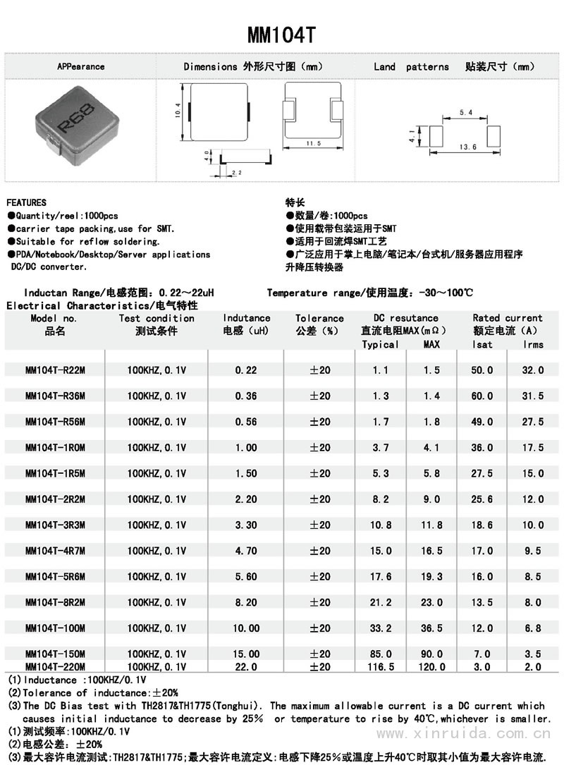 芯瑞達電子,MM104T電感,貼片電感,功率電感,繞線電感