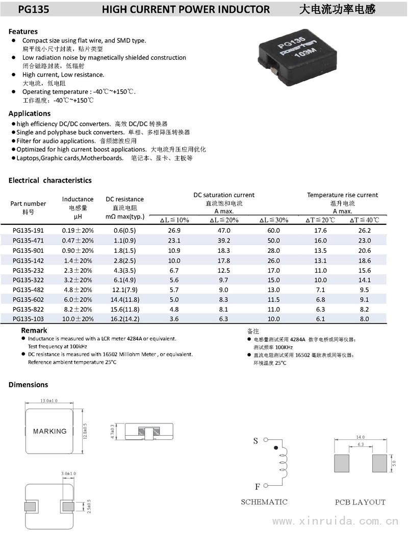 PG135 大電流功率電感