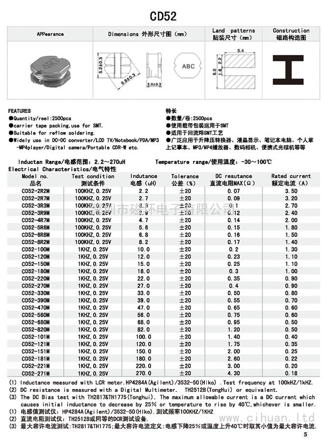 CD52貼片功率電感 