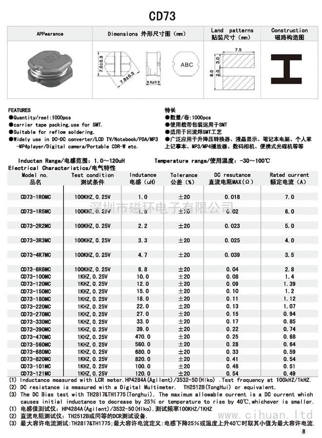 CD73貼片功率電感 