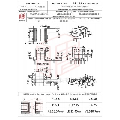 煥升塑料EM15(4+2+2)-2高頻變壓器骨架磁芯BOBBIN圖紙